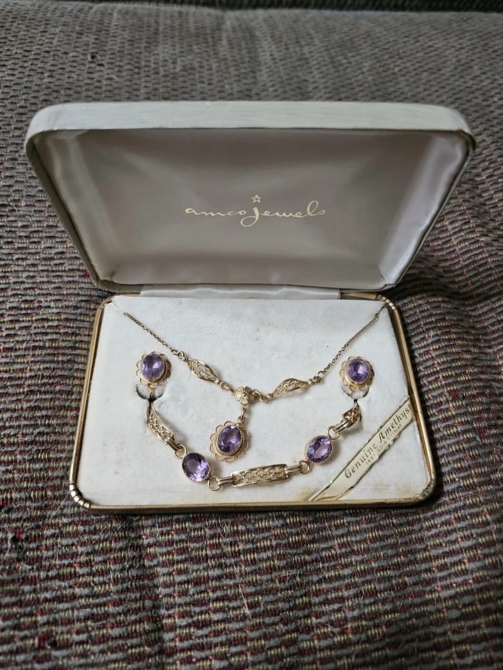 Vintage Amco Jewels 14K Gold Overlay Genuine Amethyst Necklace Earring Set Box
